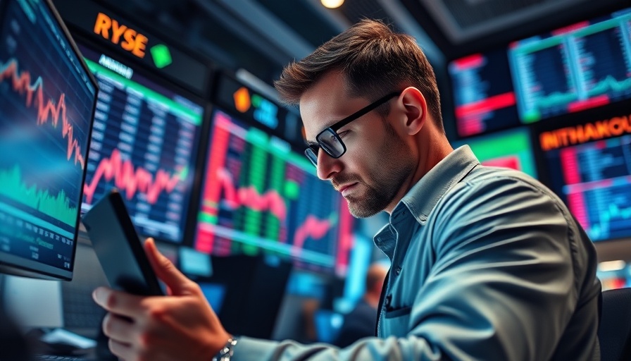 Focused trader examining data screens amid tariff threats, stock market.