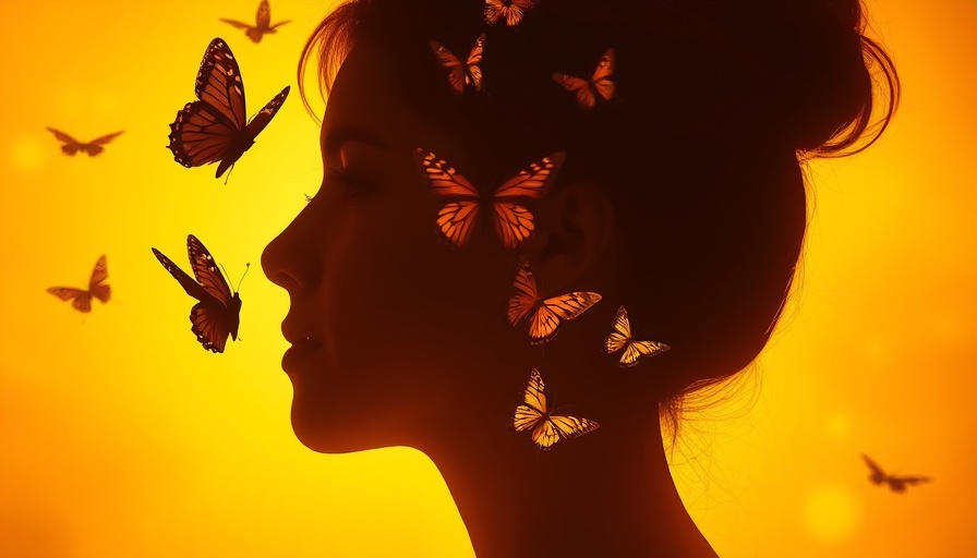 Silhouette with butterflies symbolizing thoughts, warm hues, negativity bias impact.