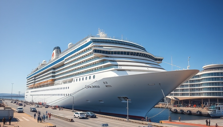 Costa Serena cruise docked at Manila port under clear blue sky.