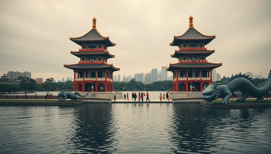 Travel to Taiwan: Twin pagodas by a lakeside with city skyline