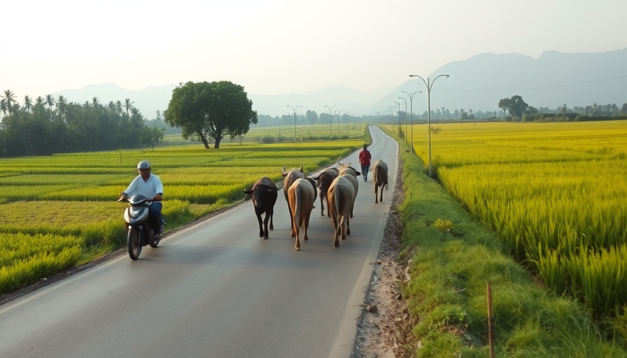 Rustic road in rural Vietnam with buffalo and motorbike, highlighting an alternative Vietnam itinerary.