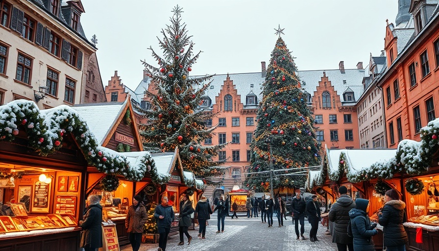 Festive Tallinn Christmas Market 2025 with snow and lights.