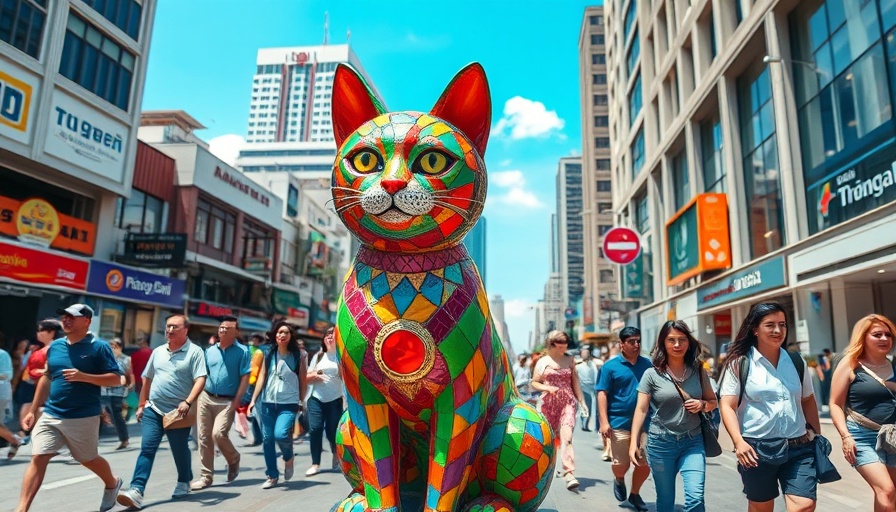 Vibrant Bangkok street scene with mosaic cat statue and crowds.
