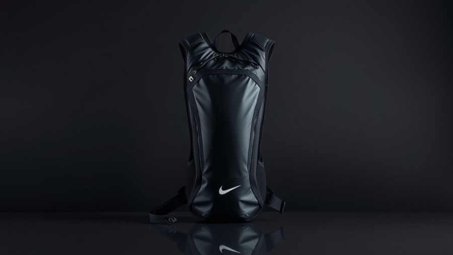 Sleek festival hydration pack displayed on a reflective surface.