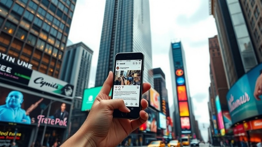 Urban cityscape with smartphone showing Instagram profile.