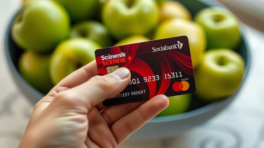 Hand holding Scotiabank Scene+ credit card with green apples.