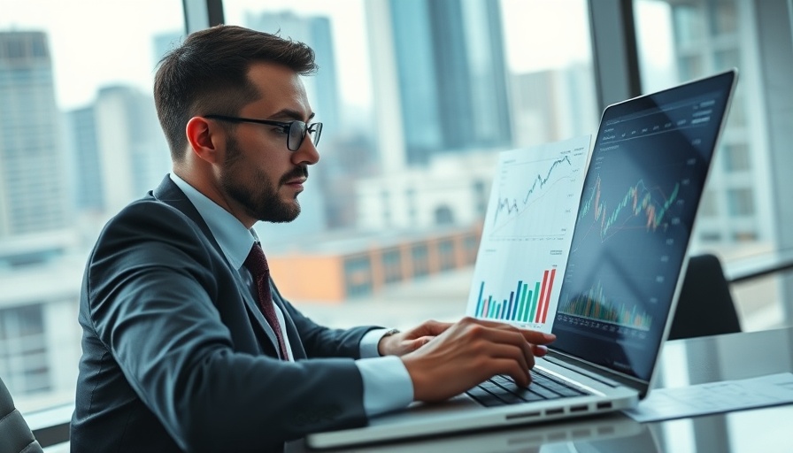 Businessman analyzing S&P 500 data on a laptop in an office.
