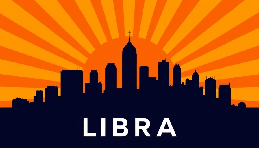 Buenos Aires skyline silhouette with LIBRA text and sunburst, Javier Milei LIBRA cryptocurrency scandal.