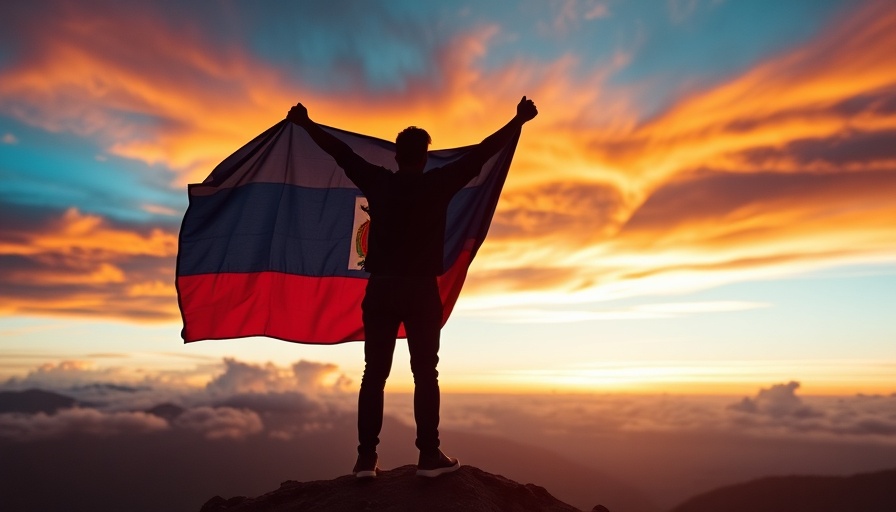 El Salvador Bitcoin Purchase symbolized by flag atop mountain at sunset.