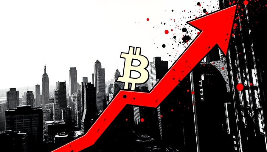 Bitcoin buy signal depicted with dynamic red arrow among city buildings.