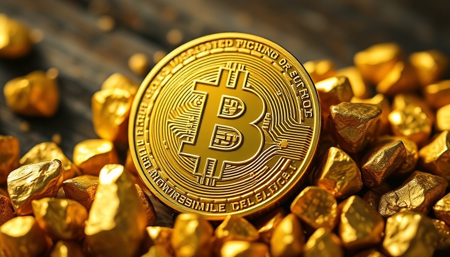 Gold bitcoin and nuggets on wooden surface, wealth concept