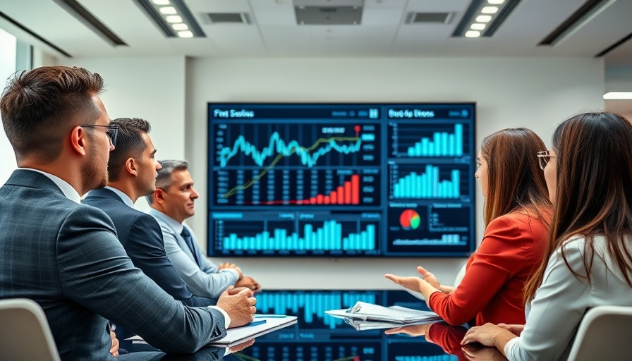 Business professionals discussing financial charts in modern office.