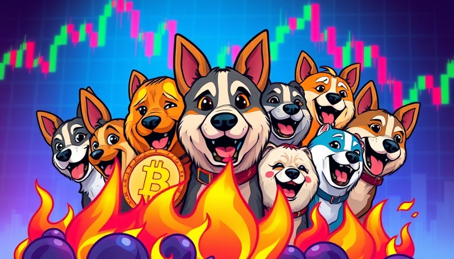 Colorful memecoins illustration with financial graph backdrop.