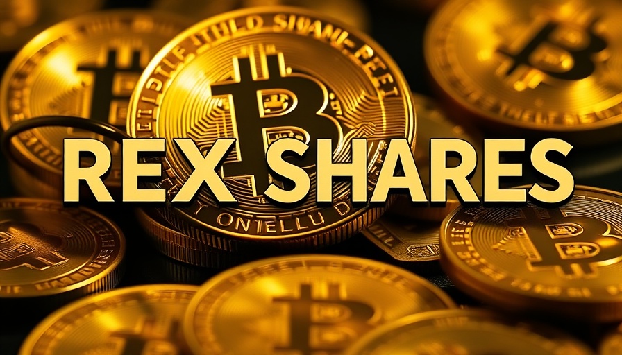 Golden Bitcoin coins with REX SHARES text - First Bitcoin Treasury Bond ETF
