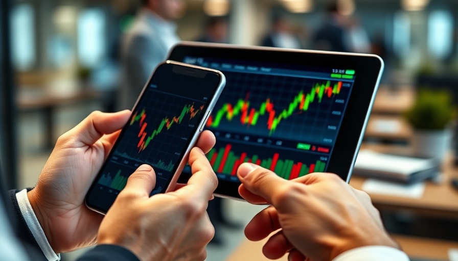 Hands with smartphone and tablet showing stock market graphs, FPIs sell Indian stocks.