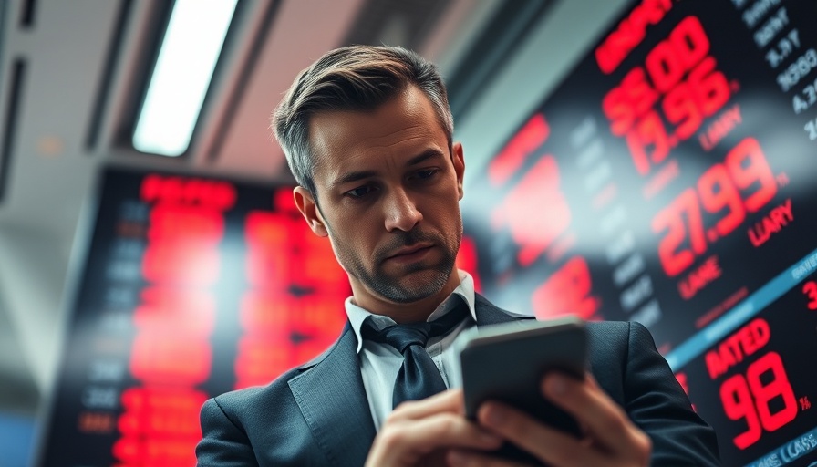 Focused businessman monitors small-cap stock decline on smartphone.