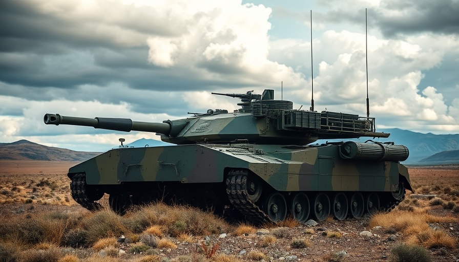 Camouflaged military tank in field under dramatic sky.
