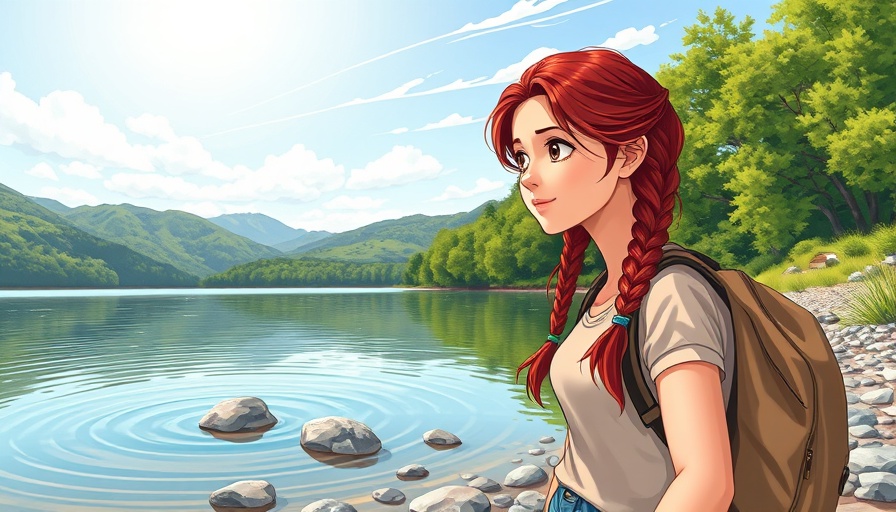 Serene illustration of a woman by a lake, reflecting on nature.