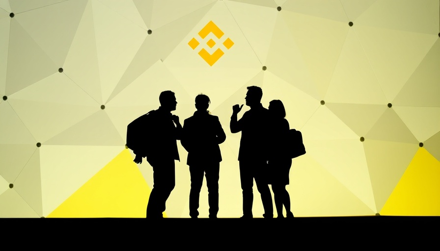 Silhouetted figures discussing against Binance logo backdrop.