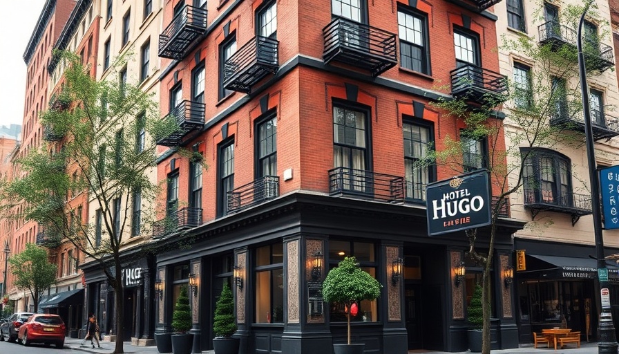 Hotel Hugo in SoHo with elegant red-brick facade and black trim.