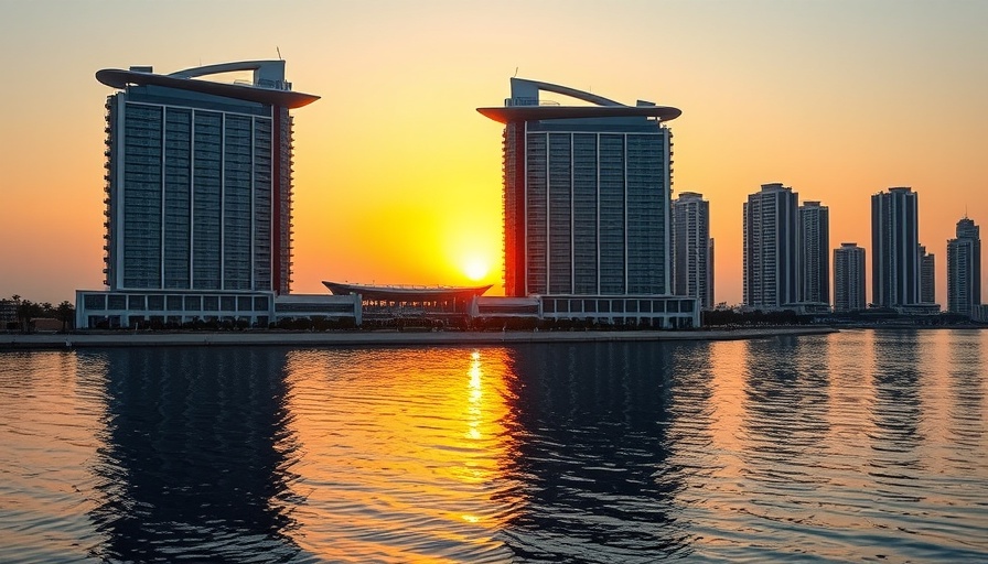 Atlantic City Mega Resort reflecting on water at sunset.