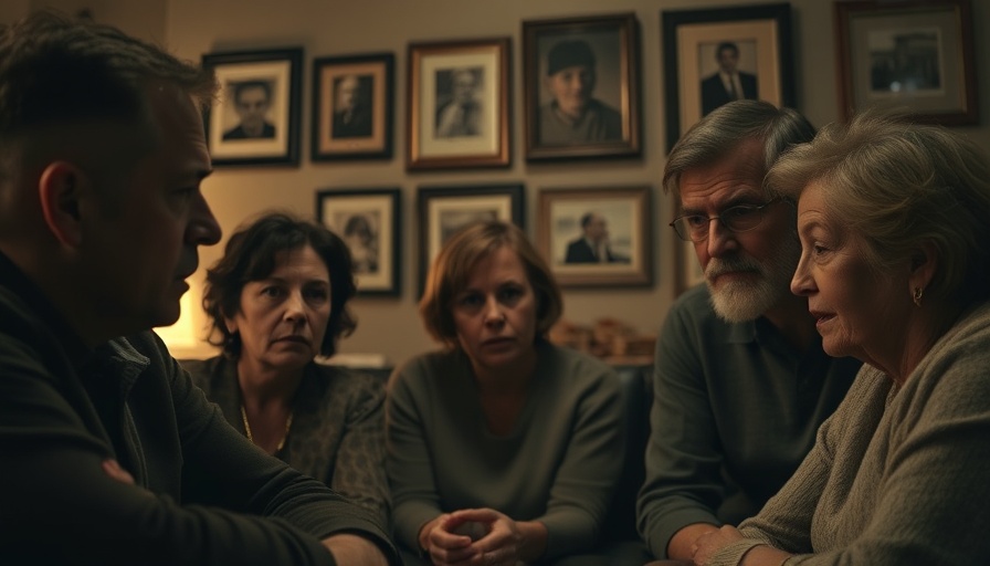 Somber family gathering discussing betrayal after death, cinematic.