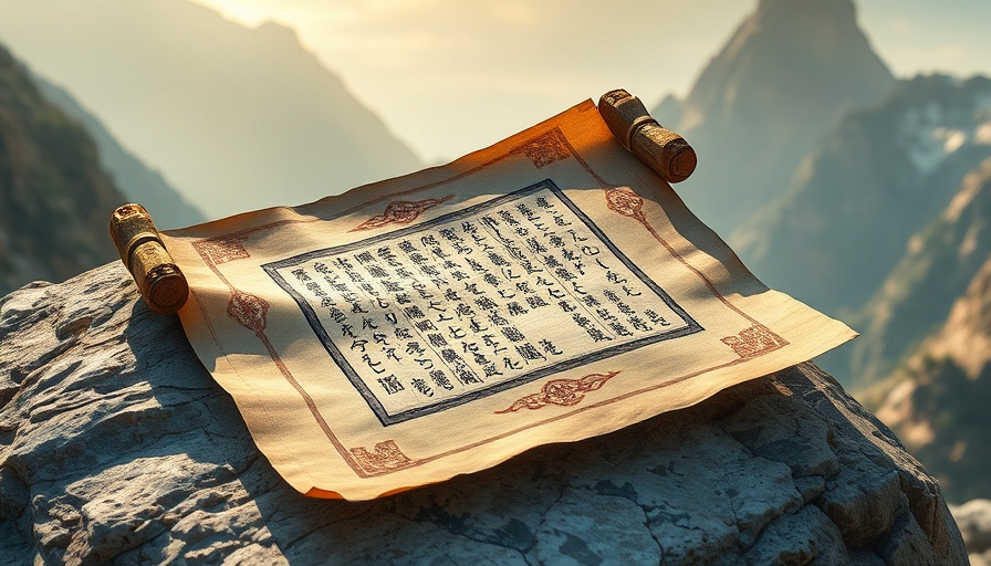 Ancient scroll with gold handle on rock; Bitcoin covenants concept.