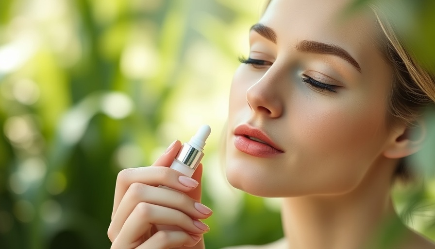 Detailed image of woman applying serum, lush outdoor setting.