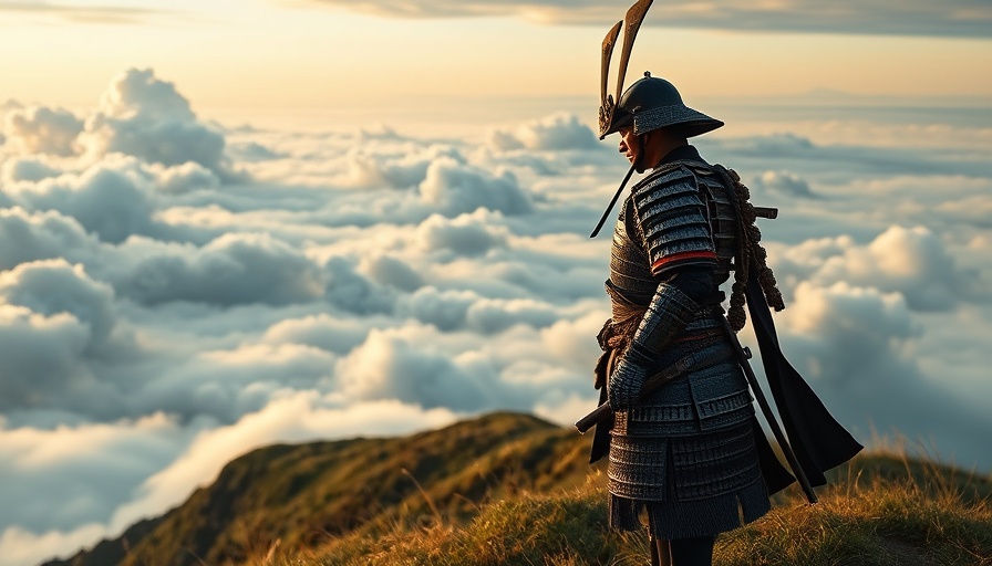 Samurai standing on a hill gazing over clouds and mountains.