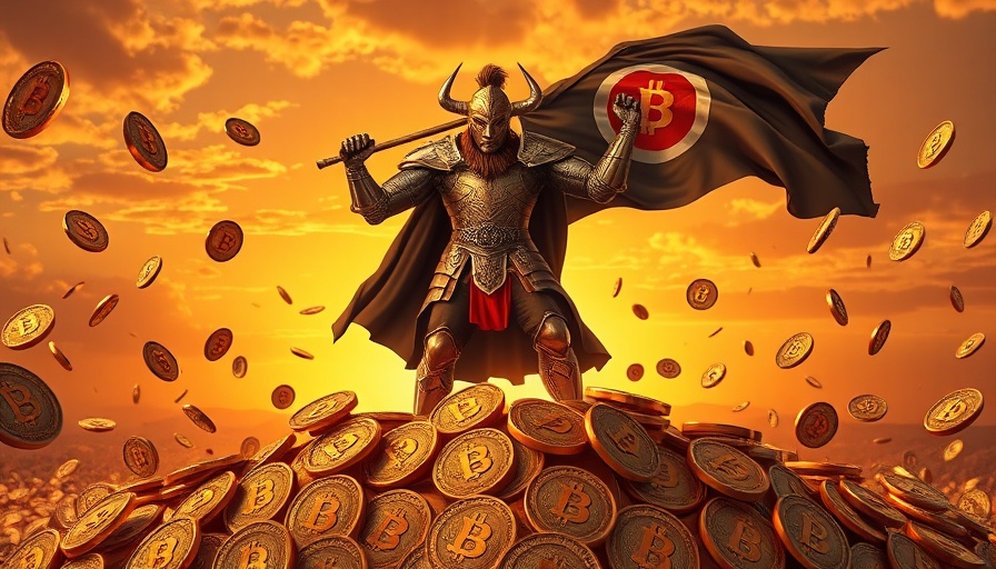 Bullish figure holding a Bitcoin flag amidst coins, symbolizing crypto market fluctuations.