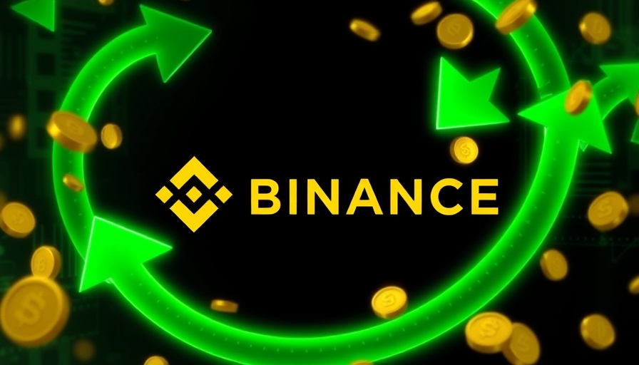 Binance logo with arrows, coins, and money indicating crypto trading.