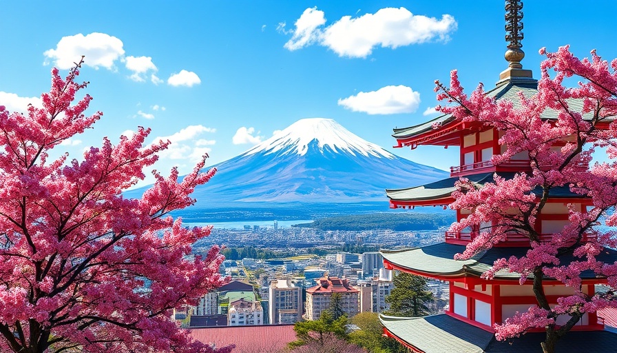 Scenic view of Mount Fuji and a Japanese pagoda.