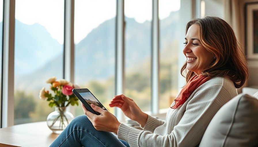 Woman using AI-powered travel booking tablet in sunny room.