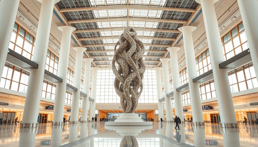 Delhi Airport Terminal 1 interior with modern sculpture and bright lighting.