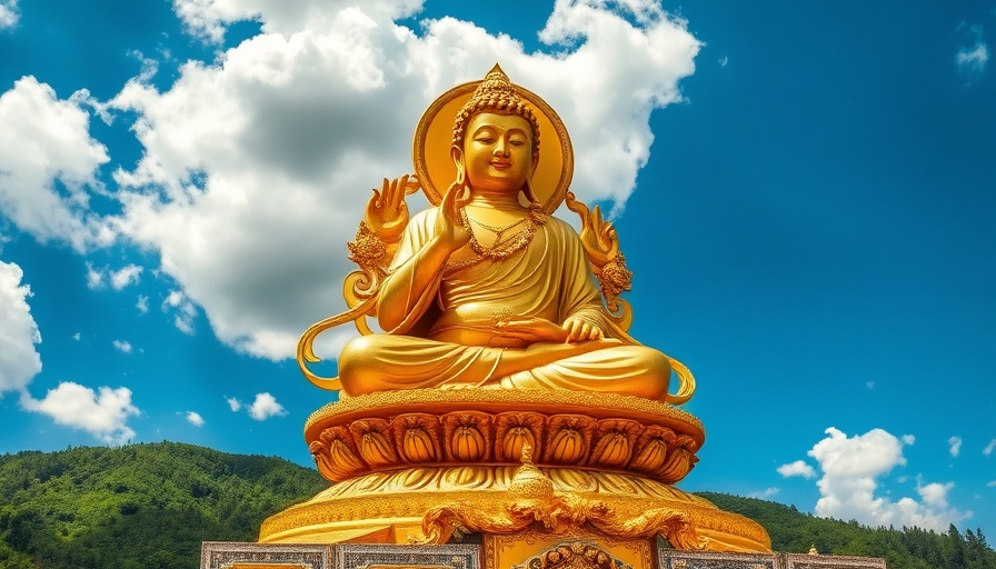 Golden statue in Sikkim, vibrant pedestal, clear sky.
