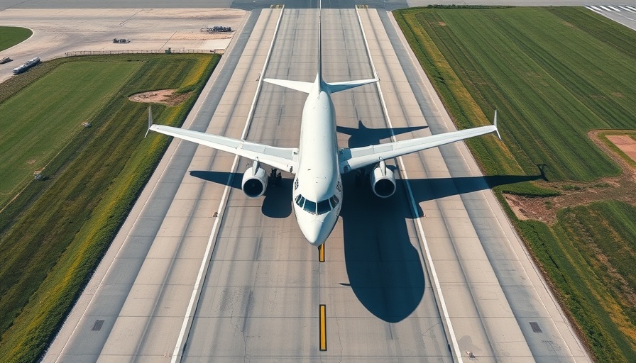 Aerial view of airplane on a runway emphasizing runway safety technology.