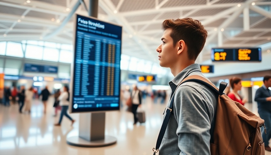Traveler at airport terminal watching flight board, symbolizing international air passenger traffic growth.