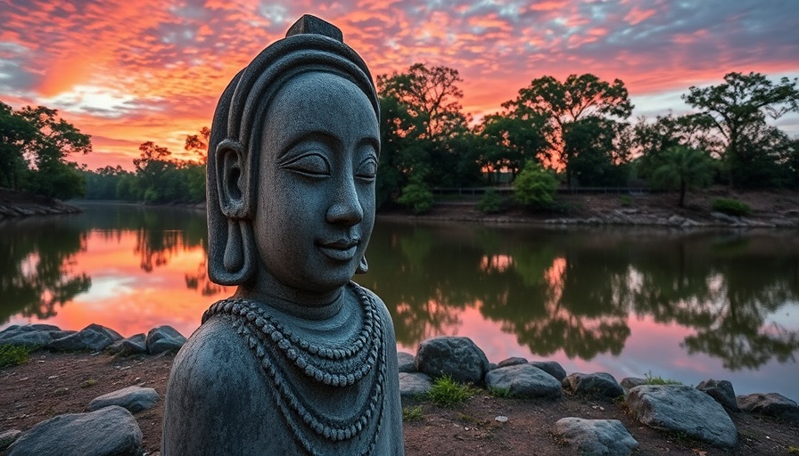 Khmer sculpture by a river at sunset, luminous pink sky.