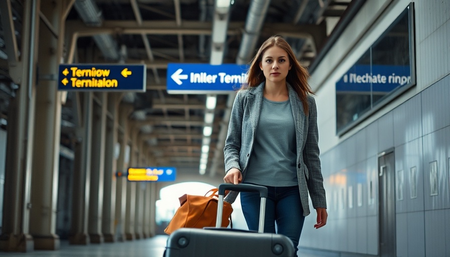 Passenger at Heathrow Airport Terminal 4 amidst worn metal decor.