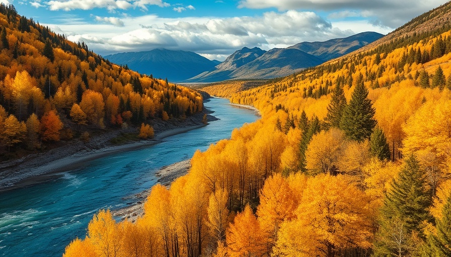 Scenic autumn view with turquoise river and golden trees in mountain valley.