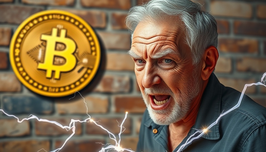 Intense older man with electric eyes in Bitcoin-themed scene.