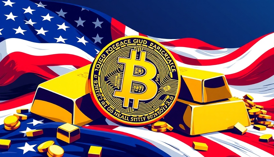 Bitcoin and gold bars on US flag illustration.