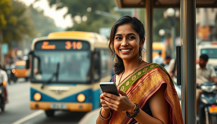 Delhi woman smiling, waiting for free bus ride