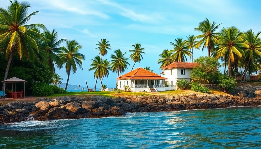 Scenic view of traditional Goan house by the sea.