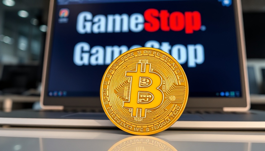 GameStop Bitcoin investment strategy visual with coin and logo on laptop.