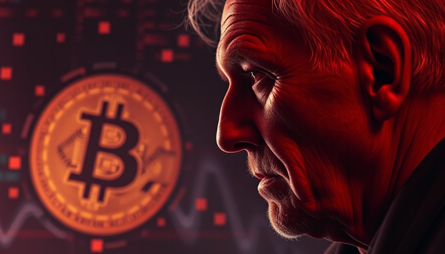 Crypto Market Plummets with Bitcoin symbol and man's profile amidst digital debris.