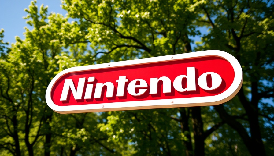Nintendo logo sign under sunny sky with green trees