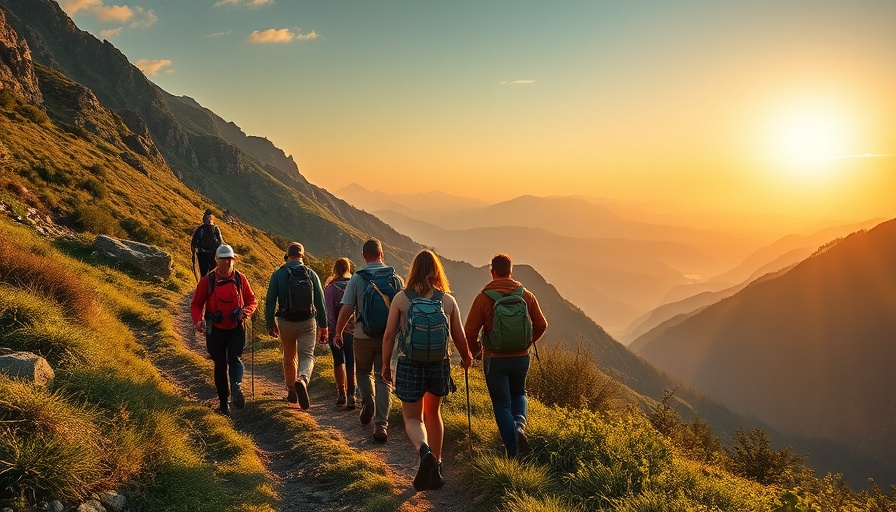 Group hiking on mountain trail, lush scenery, affordable destinations for group trips.