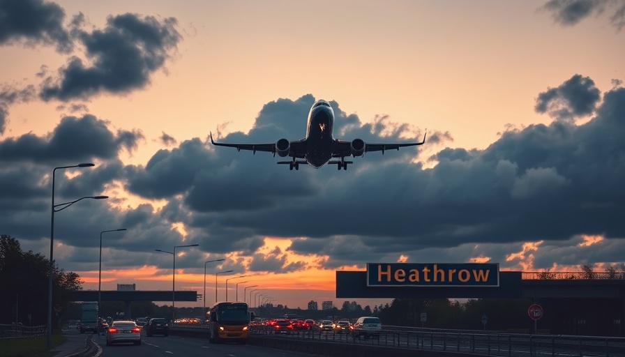 Heathrow Airport resilience rules illustrated by an airplane landing over a road.