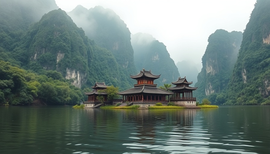 Vietnam hidden luxury retreats: serene temple on tranquil lake amidst lush mountains.
